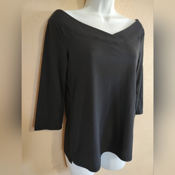 Ribbed Black Off Shoulder Blouse 3/4 Sleeves 0+0 Stitch Fix Size Small Medium - Picture 3 of 10
